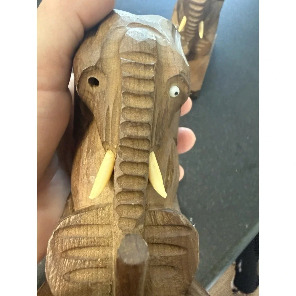 Vintage Hand-Carved Solid Wood Elephant Bookends (Pair)